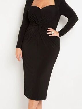 ELOQUII Black Twist-Front Long Sleeve Midi Dress